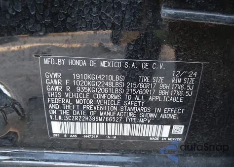 2025 Honda Hr-V Awd Lx из США, поврежденный, VIN 3CZRZ2H38SM766527